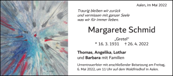 Traueranzeige von Margarete Schmid von Schwäbische Post