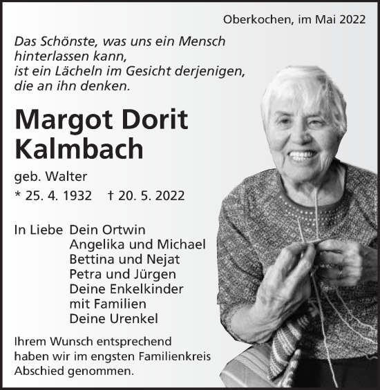 Traueranzeige von Margot Dorit Kalmbach von Amtsblatt_Oko
