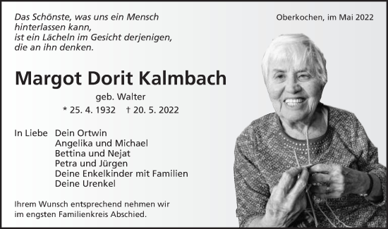 Traueranzeige von Margot Dorit Kalmbach von Schwäbische Post