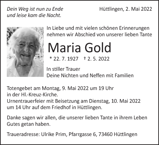 Traueranzeige von Maria Gold von Schwäbische Post