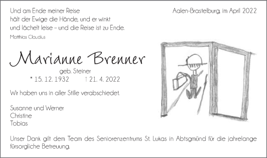 Traueranzeige von Marianne Brenner  von Schwäbische Post