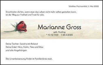 Traueranzeige von Marianne Gross von Schwäbische Post