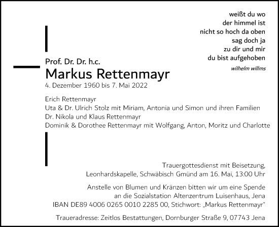 Traueranzeige von Markus Rettenmayr von Gmünder Tagespost