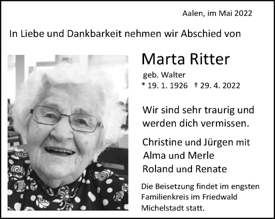 Traueranzeige von Marta Ritter von Schwäbische Post