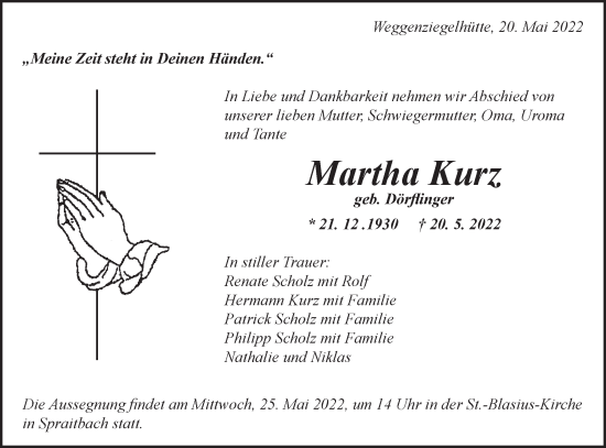 Traueranzeige von Martha Kurz von Gmünder Tagespost