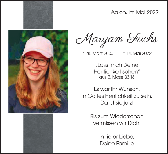 Traueranzeige von Maryam Fuchs von Schwäbische Post