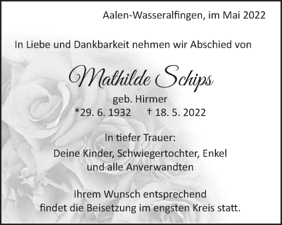 Traueranzeige von Mathilde Schips von Schwäbische Post