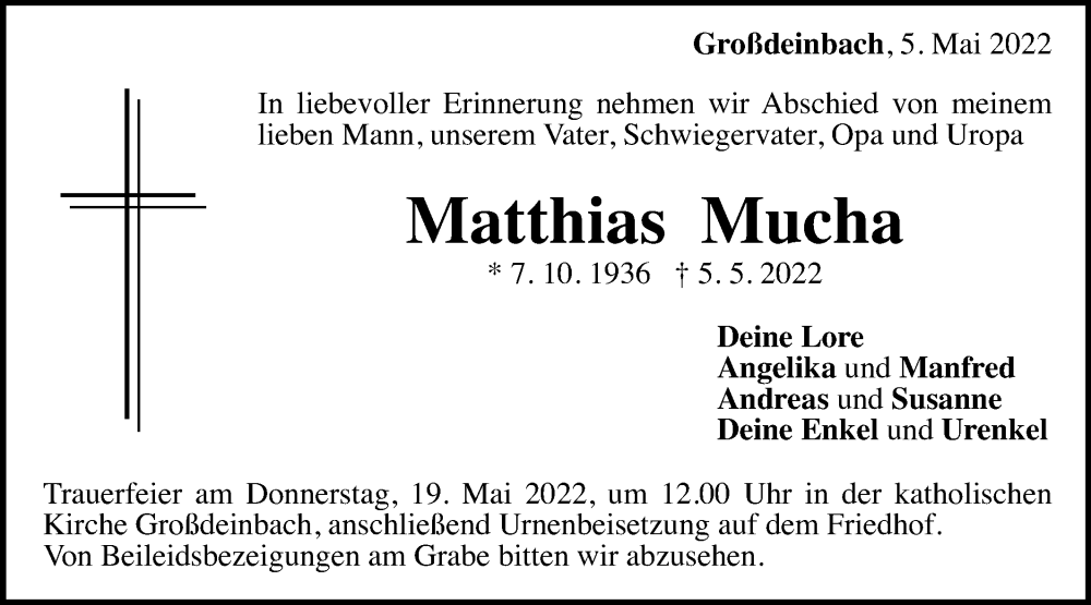  Traueranzeige für Matthias Mucha vom 17.05.2022 aus Gmünder Tagespost