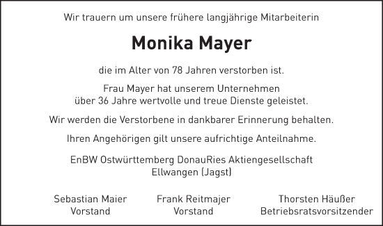 Traueranzeige von Monika Mayer von Schwäbische Post