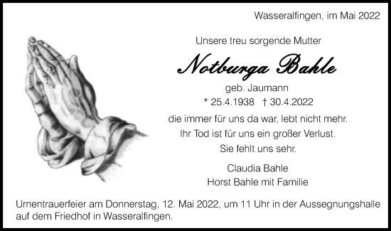 Traueranzeige von Notburga Bahle von Schwäbische Post