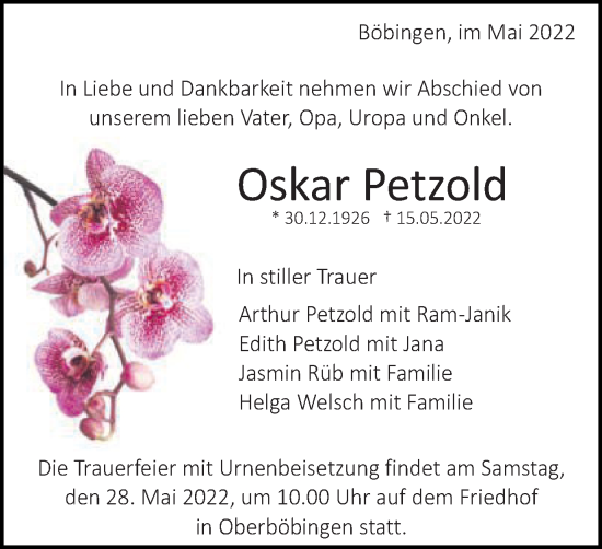 Traueranzeige von Oskar Petzold von Gmünder Tagespost