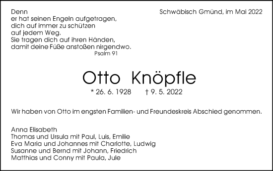 Traueranzeige von Otto Knöpfle von Gmünder Tagespost