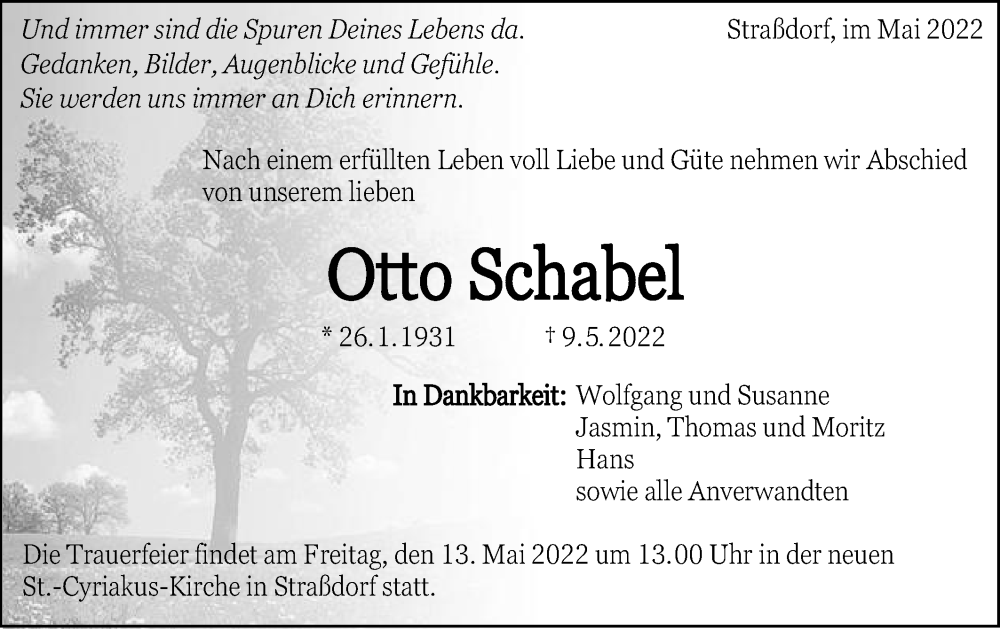  Traueranzeige für Otto Schabel vom 11.05.2022 aus Gmünder Tagespost