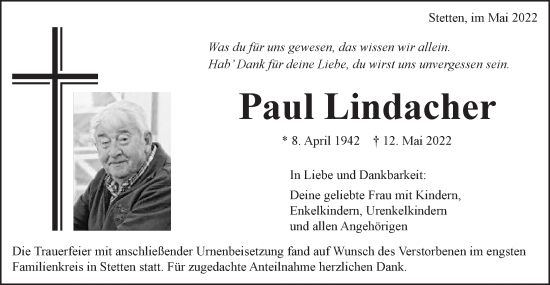 Traueranzeige von Paul Lindacher von Schwäbische Post