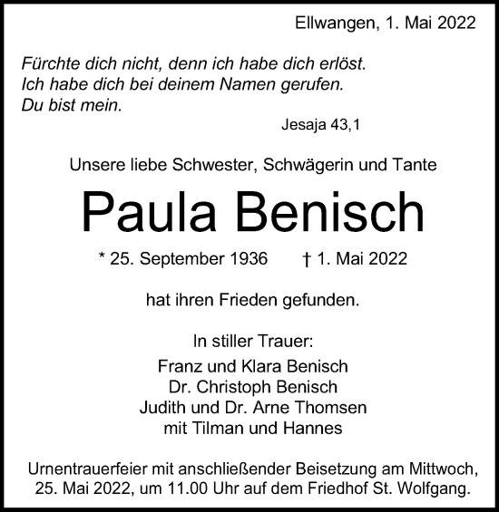 Traueranzeige von Paula Benisch von Schwäbische Post