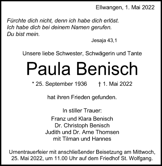 Traueranzeige von Paula Benisch