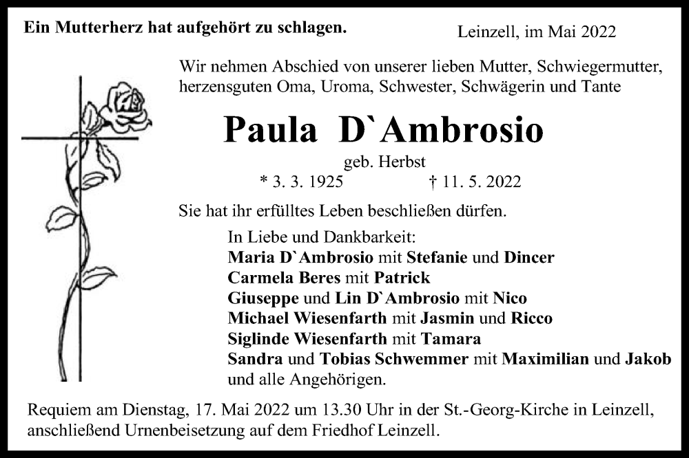  Traueranzeige für Paula DAmbrosio vom 14.05.2022 aus Gmünder Tagespost