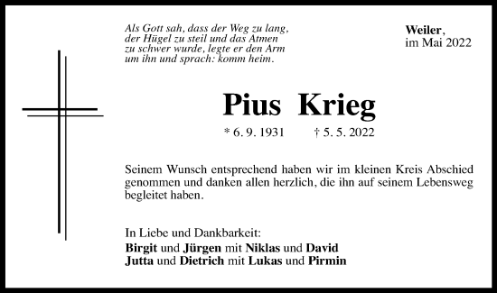 Traueranzeige von Pius Krieg von Gmünder Tagespost