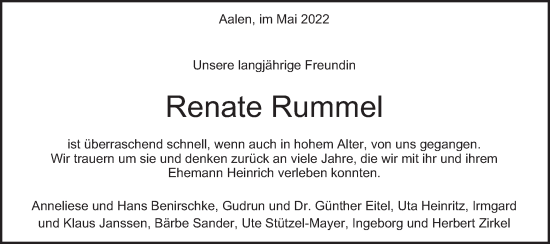 Traueranzeige von Renate Rummel von Schwäbische Post