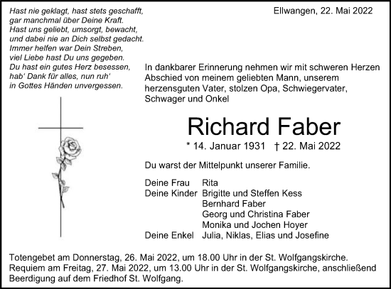 Traueranzeige von Richard Faber von Schwäbische Post