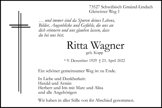 Traueranzeige von Ritta Wagner von Gmünder Tagespost