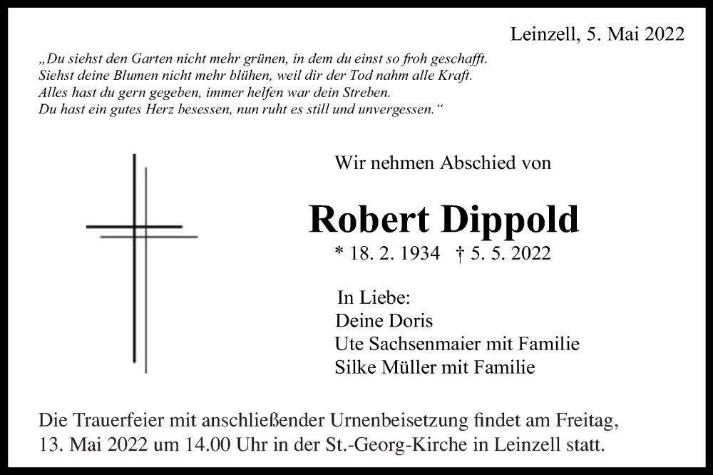  Traueranzeige für Robert Dippold vom 11.05.2022 aus Gmünder Tagespost