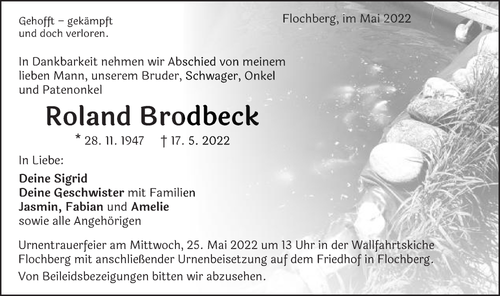  Traueranzeige für Roland Brodbeck vom 21.05.2022 aus Schwäbische Post