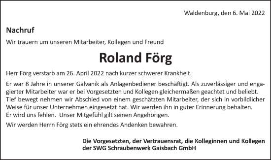 Traueranzeige von Roland Förg von Schwäbische Post