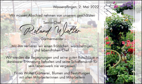 Traueranzeige von Roland Wolter von Schwäbische Post