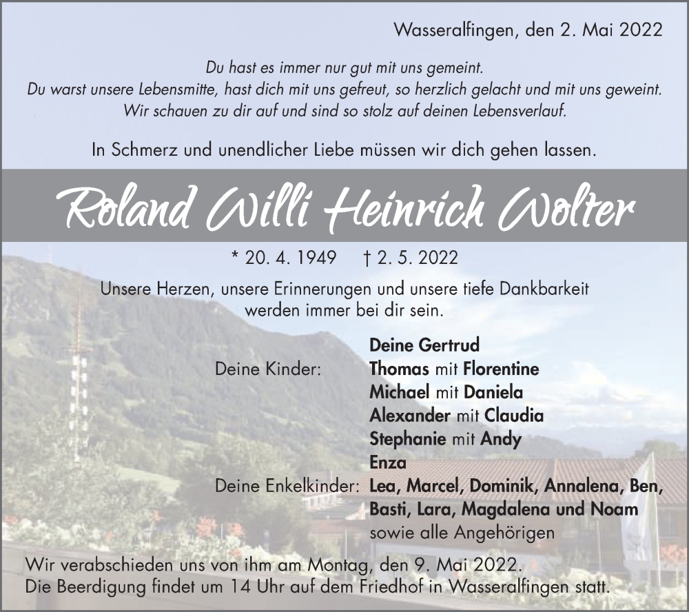  Traueranzeige für Roland Willi Heinrich Wolter vom 06.05.2022 aus Schwäbische Post