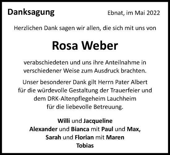 Traueranzeige von Rosa Weber von Schwäbische Post