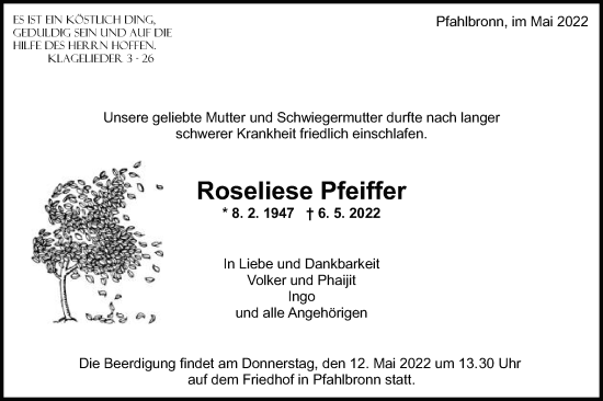 Traueranzeige von Roseliese Pfeiffer von Gmünder Tagespost