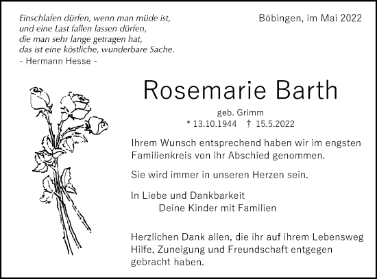 Traueranzeige von Rosemarie Barth von Gmünder Tagespost