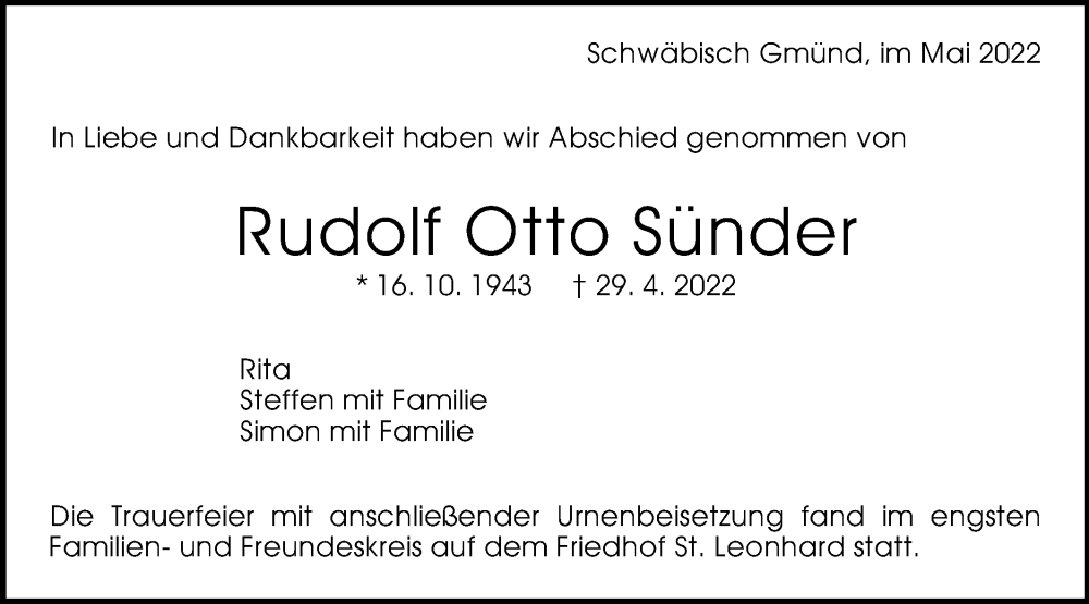  Traueranzeige für Rudolf Otto Sünder vom 18.05.2022 aus Gmünder Tagespost
