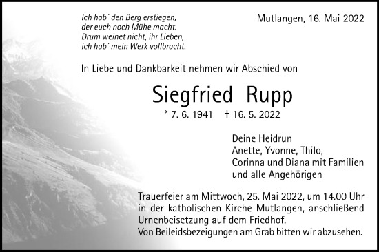 Traueranzeige von Siegfried Rupp von Gmünder Tagespost