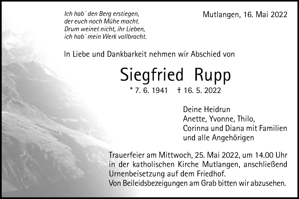  Traueranzeige für Siegfried Rupp vom 21.05.2022 aus Gmünder Tagespost