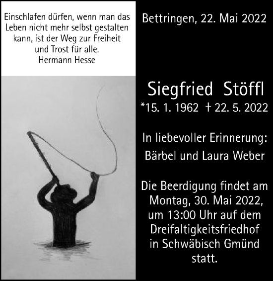 Traueranzeige von Siegfried Stöffl von Gmünder Tagespost