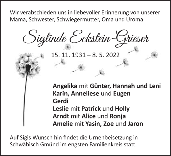 Traueranzeige von Siglinde Eckstein-Grieser von Gmünder Tagespost