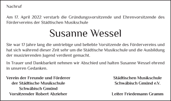 Traueranzeige von Susanne Wessel von Gmünder Tagespost