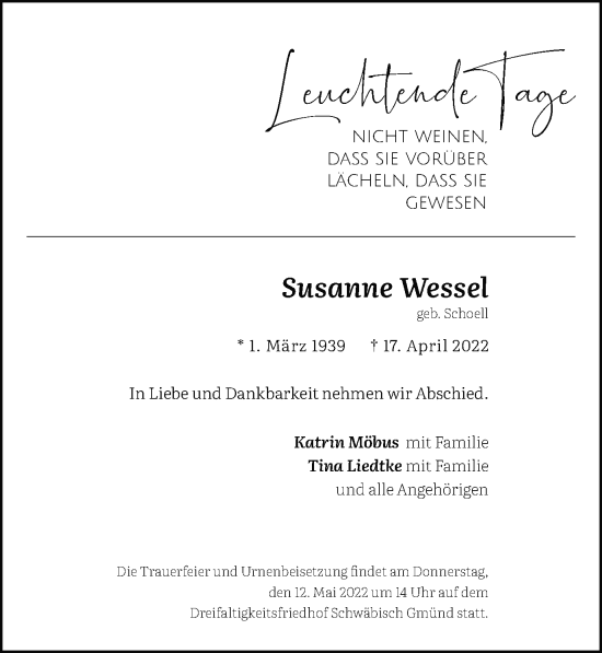 Traueranzeige von Susanne Wessel von Gmünder Tagespost