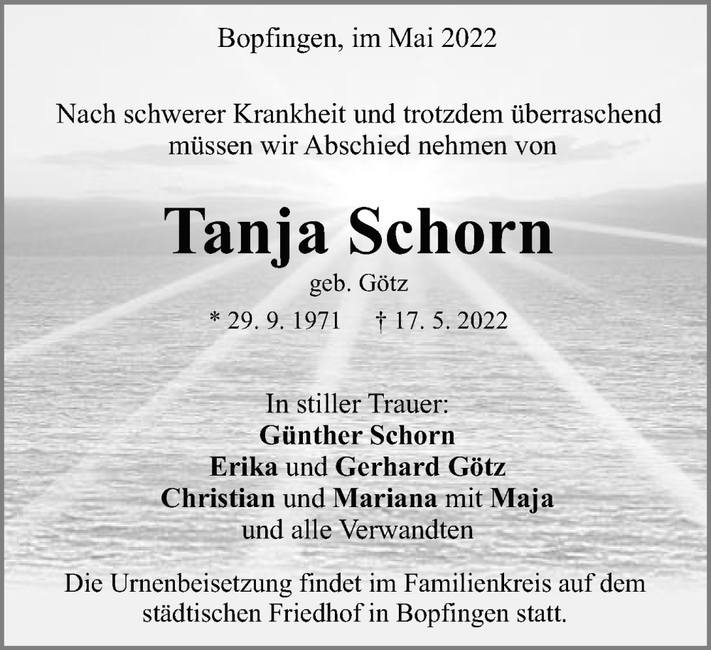  Traueranzeige für Tanja Schorn vom 20.05.2022 aus Schwäbische Post