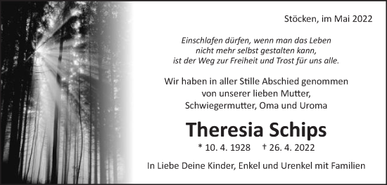 Traueranzeige von Theresia Schips von Schwäbische Post