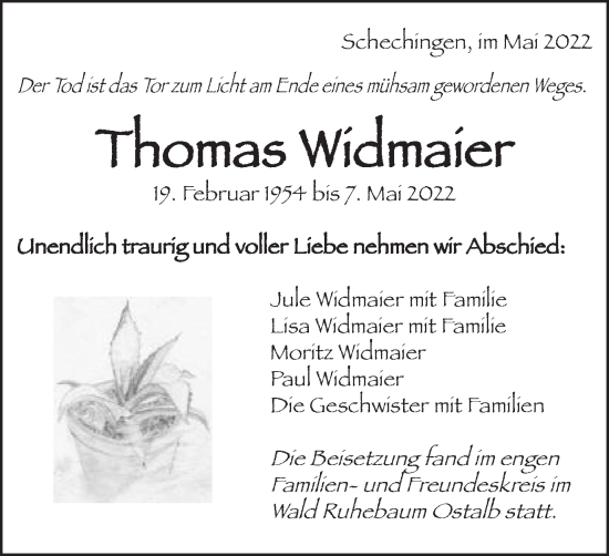 Traueranzeige von Thomas Widmaier von Kocher-Lein-Bote