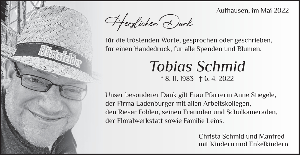  Traueranzeige für Tobias Schmid vom 07.05.2022 aus Schwäbische Post
