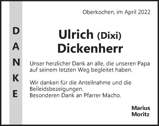 Traueranzeige von Ulrich Dickenherr von Schwäbische Post
