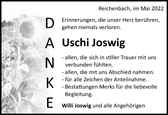 Traueranzeige von Uschi Joswig von Schwäbische Post