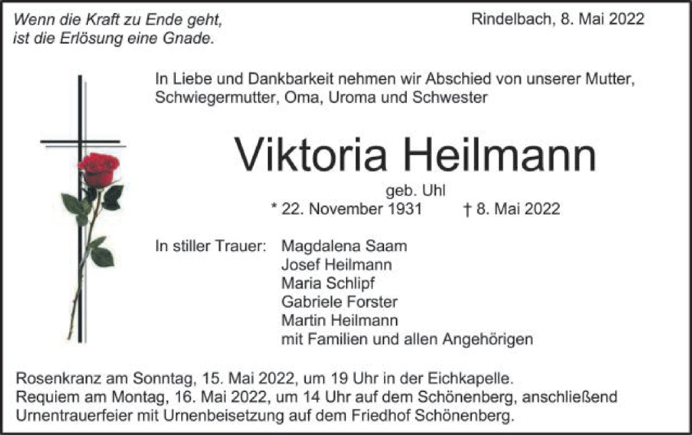  Traueranzeige für Viktoria Heilmann vom 13.05.2022 aus Schwäbische Post