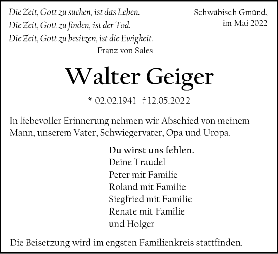 Traueranzeige von Walter Geiger von Gmünder Tagespost