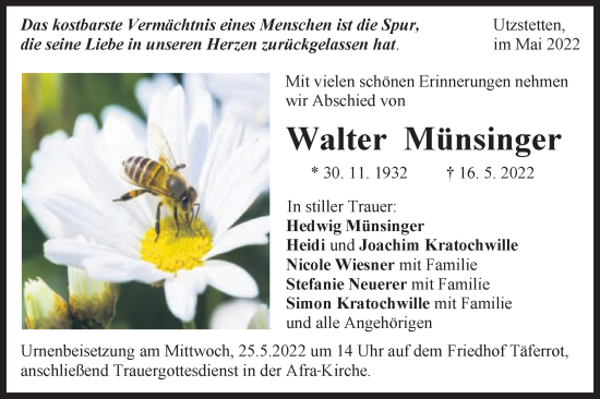 Traueranzeige von Walter Münsinger von Gmünder Tagespost