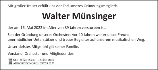 Traueranzeige von Walter Münsinger von Gmünder Tagespost